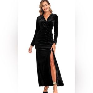 Long Sleeve Wrap Velvet Long Formal Dresses Cocktail Dress